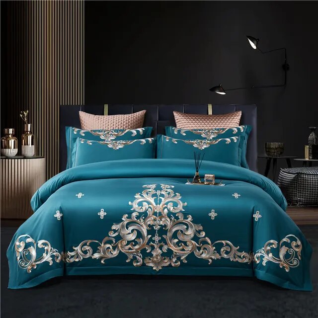 Emeralds Gold Europe Baroque Premium Embroidery 100%Cotton Duvet Cover Bedding Set
