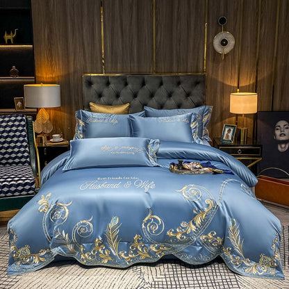 Luxury White Gold Feather Peacock Soft Silky Embroidered Duvet Cover Set, 600TC Satin Silk Cotton Bedding Set