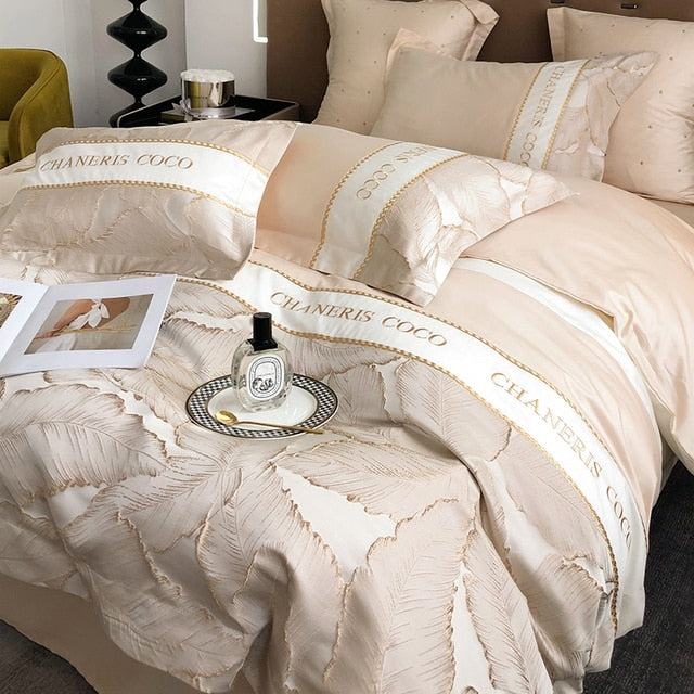 Luxury Leaves Jacquard Patchwork Europe Duvet Cove, Egyptian Cotton 1000TC Bedding Set