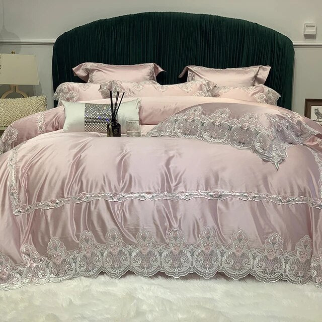 Luxury Blue Pink Romantic French European Couple Duvet Cover Set, Egyptian Cotton Bedding Set