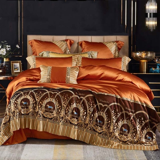 Luxury Orange Gold Horse Lace Edge Palace Silky Duvet Cover Set, 1000TC Egyptian Cotton Bedding Set