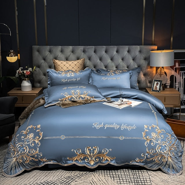 Luxury Gold Emerald European Embroidered Soft Duvet Cover Set, 600TC Egyptian Cotton Bedding Set