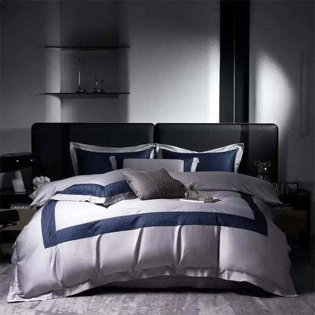 Luxury Grey Blue Europe Modern Patchwork Duvet Cover set, 1000TC Cotton Bedding Set