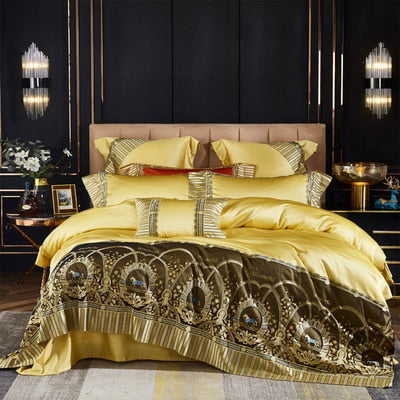 Luxury Orange Gold Horse Lace Edge Palace Silky Duvet Cover Set, 1000TC Egyptian Cotton Bedding Set