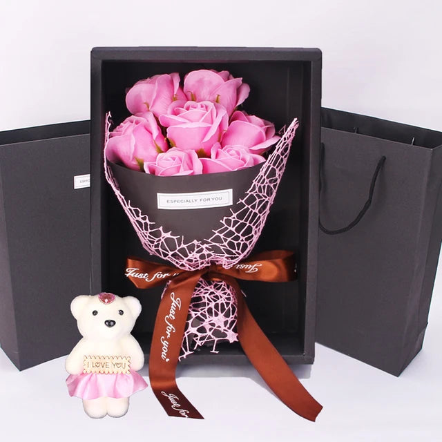 Pink Red Rose Soap Handmade Bouquet Little Bear Gift Box Birthday Party Artificial Flora