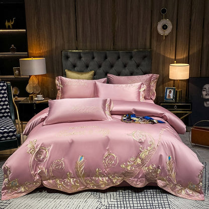 Luxury White Gold Feather Peacock Soft Silky Embroidered Duvet Cover Set, 600TC Satin Silk Cotton Bedding Set