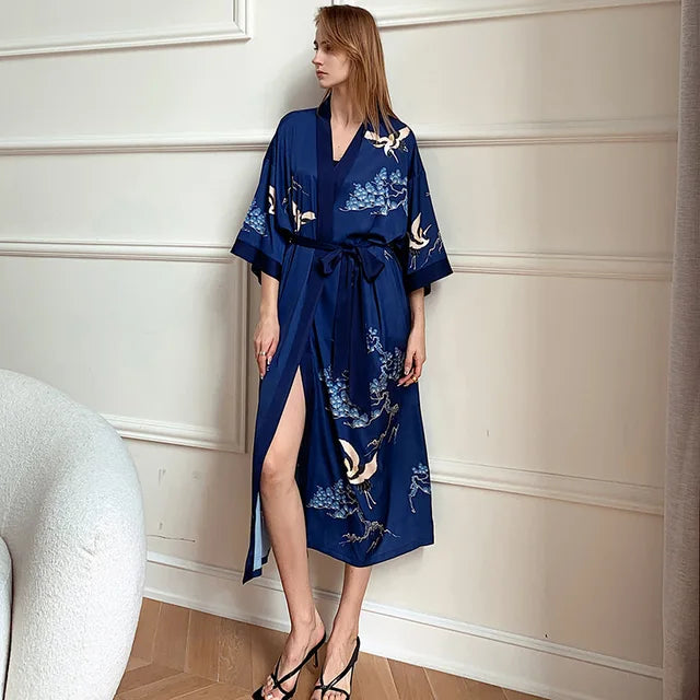 Blue Green Nature Long Robe Nightgown Print Crane Flower Kimono Bathrobe Sleepwear