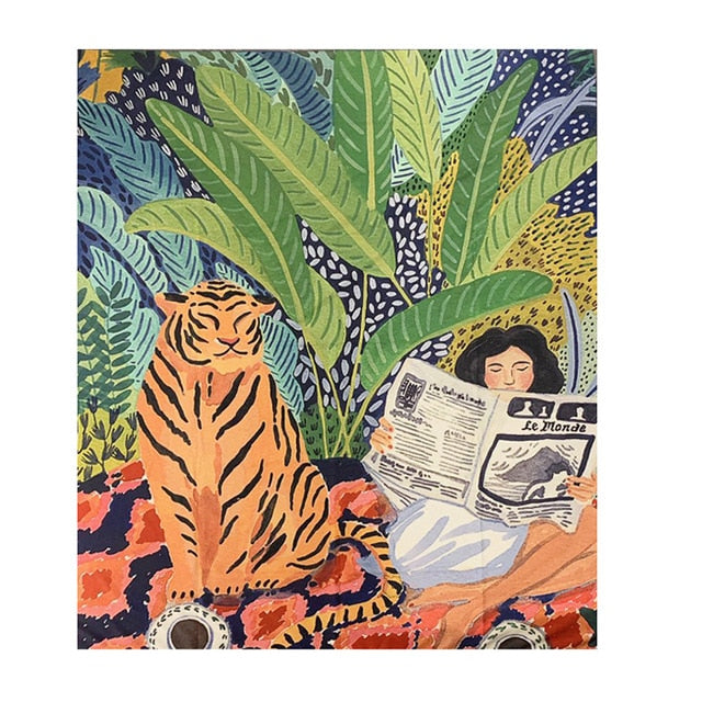 Animal Tiger and Girl Nordic Hanging Tapestry