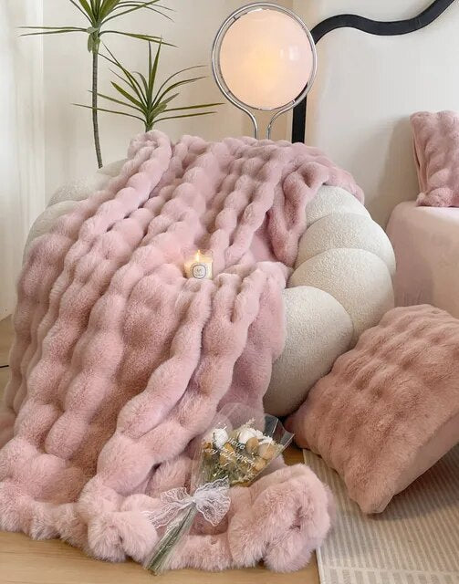 Grey Pink Fur Velvet Fleece Plush Blanket Double Layer for Bedding Home Decor