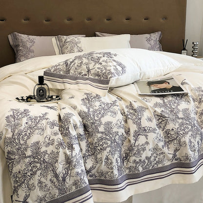 Cream White Vintage American Europe Floral Embroidery Duvet Cover, 1000TC Egyptian Cotton Bedding Set