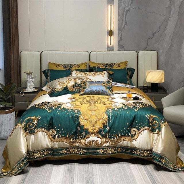 Luxury Gold Green Baroque Vintage Silk Embroidered Duvet Cover Set, 1200TC Egyptian Cotton Bedding Set