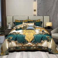 Thumbnail for Luxury Gold Green Baroque Vintage Silk Embroidered Duvet Cover Set, 1200TC Egyptian Cotton Bedding Set