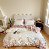 Thumbnail for Premium Elegant Pink Flowers Sweet Wedding Embroidery Duvet Cover, 1000TC Egyptian Cotton Bedding Set