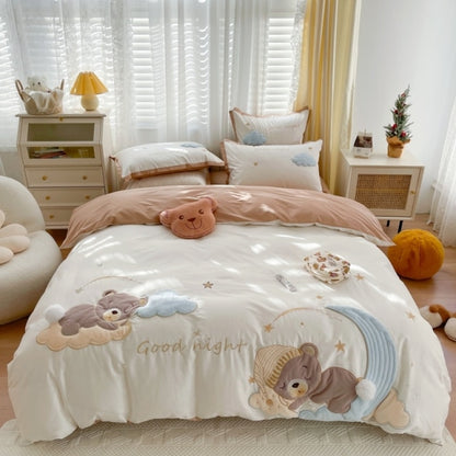 Brown Kids Good Night Bear Star Kids Embroidered Duvet Cover Set, 100% Washed Cotton Bedding Set