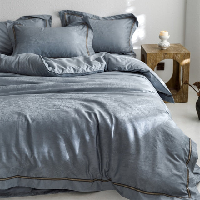 Dark Light Brown Blue Jacquard Hotel Grade Duvet Cover Set, 1000tc Egyptian Cotton Bedding Set