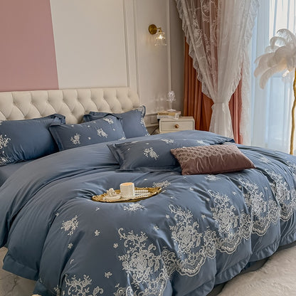 Luxury Rose Europe Blue Embroidery Duvet Cover Set, 1000TC Egyptian Cotton Bedding Set