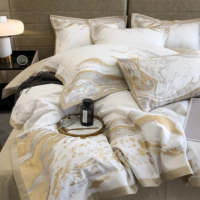 Luxury Gold Marble Stone Embroidered Linen Duvet Cover Set, 1000TC Egyptian Cotton Bedding Set
