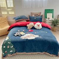 Thumbnail for Santa Snowman Embroidered Cartoon Gifts Duvet Cover Set, Velvet Fleece Bedding Set