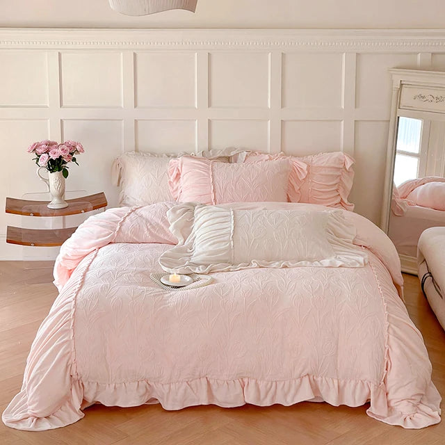 White Pink French Premium Pleat Ruffles Patchwork Duvet Cover, Crystal Velvet Fleece Bedding Set