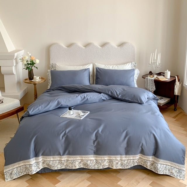 White Blue Flowers Dragonfly Europe Satin Duvet Cover Set,1000TC Egyptian Cotton Bedding Set