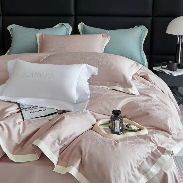 Pink Brown Luxury Jacquard European Silky Duvet Cover Set 1000TC Egyptian Cotton Bedding Set