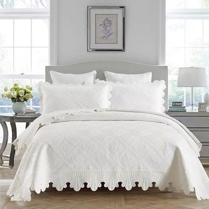 White Brown Luxury 100%Cotton Quilted Bedspread Embroidery Bedding Set