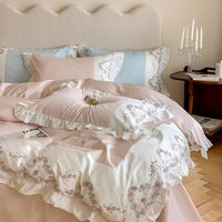 Thumbnail for Pink White Vintage Rose Flowers Girls Duvet Cover Set, 1000TC Egyptian Cotton Bedding Set