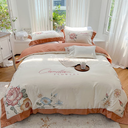 White Orange Rose Flowers Embroidered Duvet Cover Set, 1000TC Egyptian Cotton Bedding Set