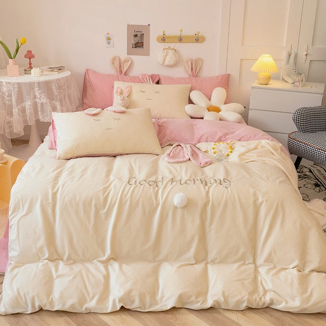 Pink White Bunny Rabbit Girls Crystal Velvet Kids Duvet Cover Set, Fleece Fabric Bedding Set