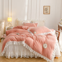 Thumbnail for White Pink Flower Tulip Soft Lace Bed Skirt Duvet Cover Set, Velvet Fleece Bedding Set