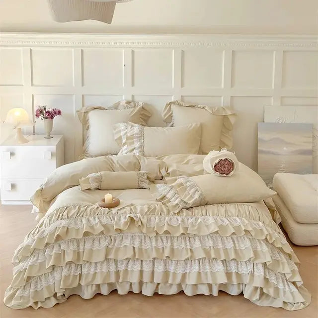 Romantic Europe Princess Cotton Pleat Ruffles Wedding Girl Bedding Set