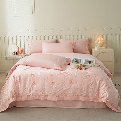 Pink Flower Luxury Egyptian Cotton 1000TC Embroidery Handmade Flowers Duvet Cover Bedding Set