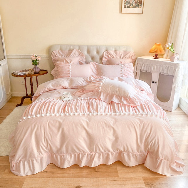 White Pink Princess Wedding Ruffles Girls Duvet Cover Set, Washed Cotton Bedding Set