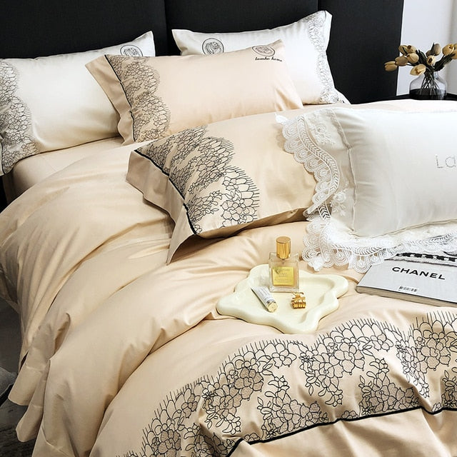 Chic White Black Europe Lace Embroidery Soft Duvet Cover, 1000TC Egyptian Cotton Bedding Set