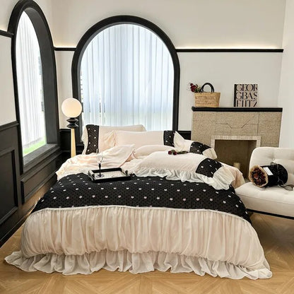 Black White Flower Romantic Embroidered Ruffles French Duvet Cover, Velvet Fleece Bedding Set