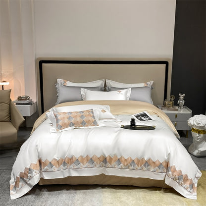 Luxury White Grey Europe Oriental Embroidery Soft Duvet Cover set, 1000TC Egyptian Cotton Bedding Set