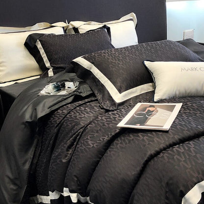 Black White Luxury Jacquard Patchwork Duvet Cover, Bamboo Fiber 100% Bedding Set