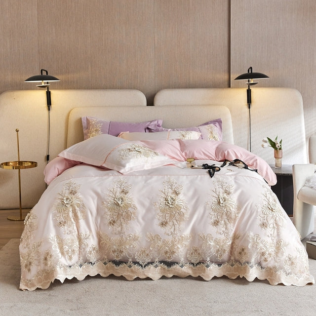 Premium Big Flowers Lace Edge Princess Wedding Silky Duvet Cover Set,1200TC Egyptian Cotton Bedding Set