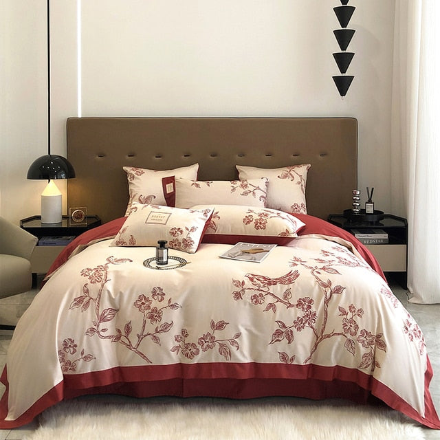 Burgundy American Pastoral Flowers Bird Embroidered Duvet Cover Set, 1000TC Egyptian Cotton Bedding Set