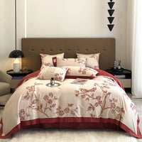 Thumbnail for Burgundy American Pastoral Flowers Bird Embroidered Duvet Cover Set, 1000TC Egyptian Cotton Bedding Set