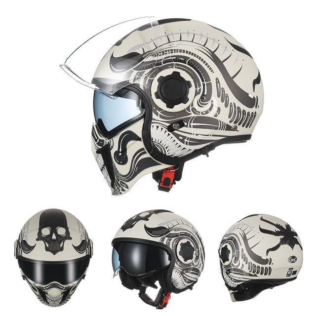 Black Grey Skull Retro Motorcycle Helmets Open Full Face Double Lens Dot Approved