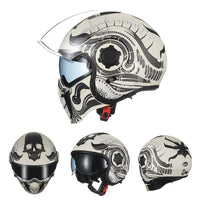 Thumbnail for Black Grey Skull Retro Motorcycle Helmets Open Full Face Double Lens Dot Approved