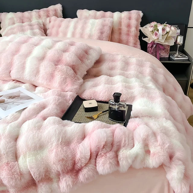 Premium Gradient Fur Autumn Winter Plush Cozy Duvet Cover Bedding Set