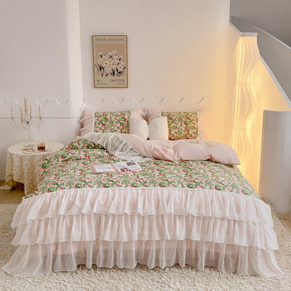 Pink Rose Print Flower Korean Princess Patchwork Duvet Cover Set, 100% Cotton Bedding Set
