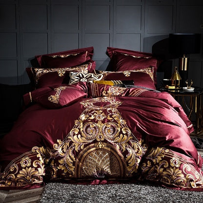 Luxury Gray Burgundy Embroidered Duvet Cover Set, 1000 Thread Count Egyptian Cotton Bedding Set