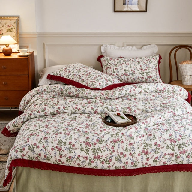 Vintage French Red Rose Lace Ruffles Princess Duvet Cover Set, 100% Cotton Bedding Set