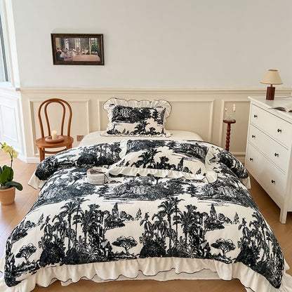 Premium Vintage Black Forest Ink Painting Ruffles European Duvet Cover Set Velvet Fleece Bedding Set