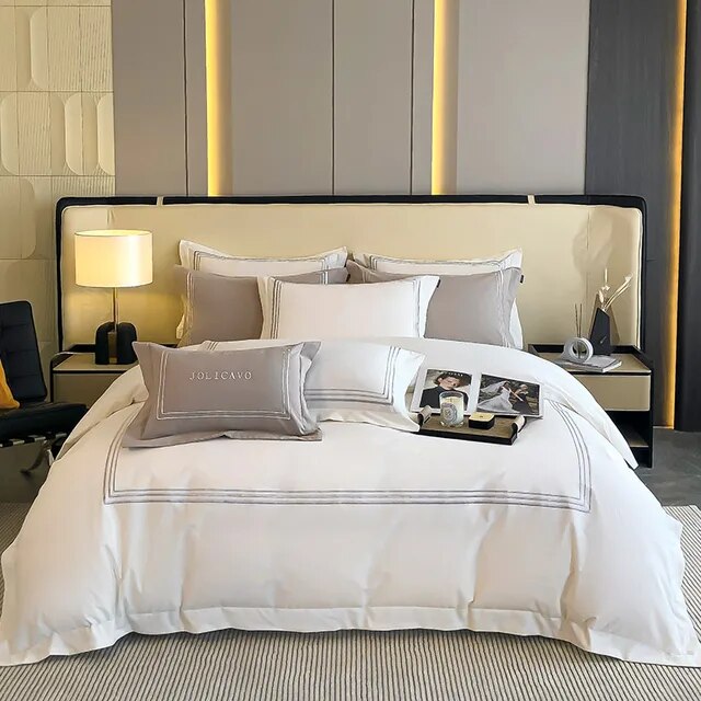 White Grey Luxury Hotel Grade Embroidery Duvet Cover Set, 100% Cotton Brushed Bedding Set