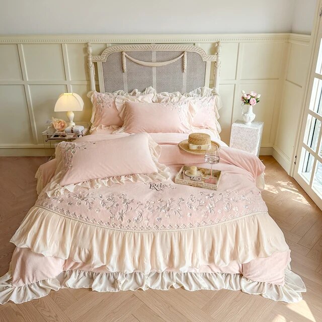 Soft Pink Flowers Embroidery Romantic Lace Ruffles Duvet Cover, Velvet Fleece Bedding Set