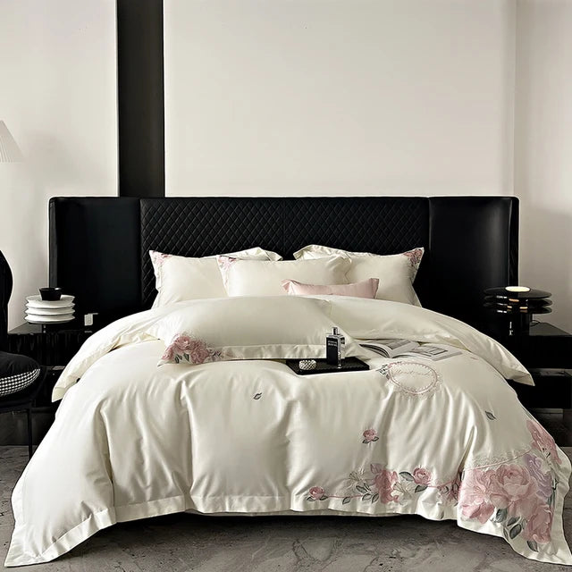 Elegant French Pink Flowers Egyptian Cotton 1000TC Embroidery Luxury Bedding Set
